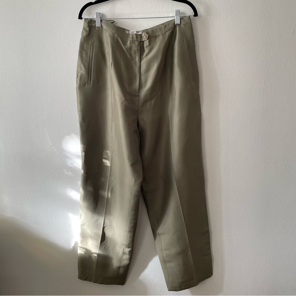 Vintage Green 100% Silk Straight Leg Trousers